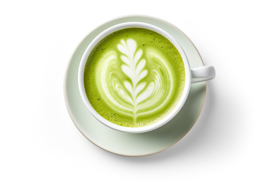 Green tea matcha latte isolated on white background with clipping path