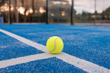 A ball on the line in a blue paddle tennis court at sunset