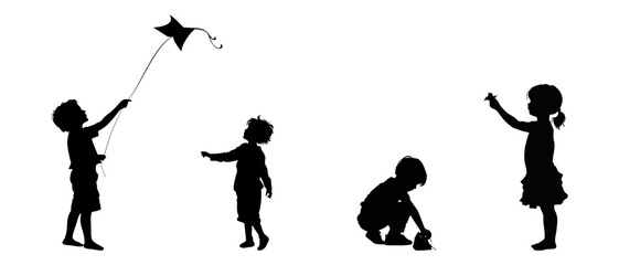 Children silhouettes playing outdoor. - obrazy, fototapety, plakaty