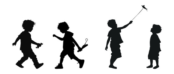 Children silhouettes playing outdoor.