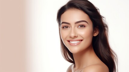 A smiling brunette woman with a cute face and beautiful skin, captured in a portrait with a fashion-forward style