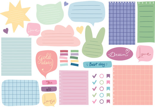 Collection of cute colorful paper notes. Blank cartoon banners and sticky notes for to-do-list, memo message notepads paper sheets and planner.  Vector illustration