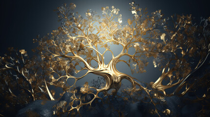 Tree of Life Artwork. Golden abstract tree with sun shinning on blue canvas, in the style of intricate floral prints. Generative AI.