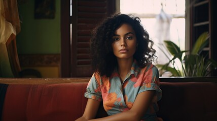 a photo of a gorgeous young african woman sitting on a couch in a living room with south asian ocean or seaside-inspired tropical style interior, much color contrast, green plants