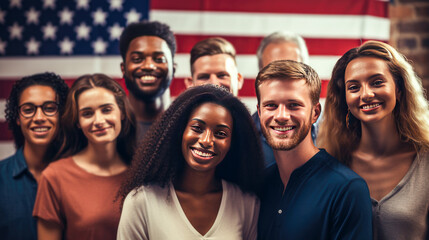 Group of happy young people standing together on american flag background