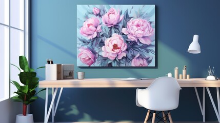 Modern abstract art on canvas featuring pink peonies on a blue background, ideal for interior decoration.