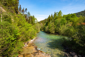 Fototapeta na wymiar View over the river Archbach at the exit of Stuibenfalls, Reutte, Austria, on a sunny day