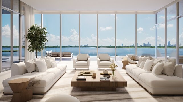 April 2020 in South Florida boasts a sleek living space that offers breathtaking vistas of the bay and city through expansive floor to ceiling windows. The minimalist white interior is adorned with