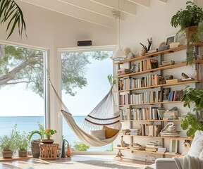 The living room is spacious and bright, with large windows overlooking the ocean, a comfortable armchair, a bookshelf and a hammock for relaxation. Natural light. Interior of  Eco house