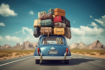 Travelling by car. Back view of a retro car with luggage on the roof. Car on the road with a lot of suitcases on roof. Family travel on vacation. - obrazy, fototapety, plakaty