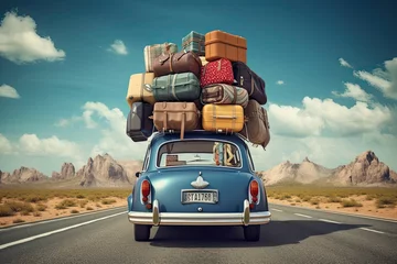 Poster Travelling by car. Back view of a retro car with luggage on the roof. Car on the road with a lot of suitcases on roof. Family travel on vacation. © Stavros