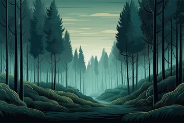 Dense forest with tall trees. - obrazy, fototapety, plakaty