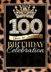 100th Gold Black Cheetah Print Birthday Party Invitation Template Design