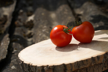 two red tomatoes on an oak ring slice