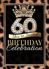 60th Gold Black Cheetah Print Birthday Party Invitation Template Design
