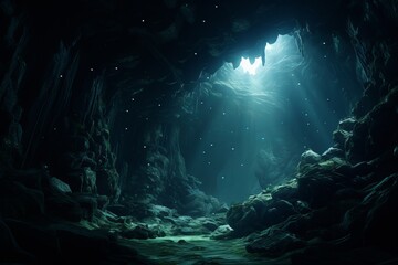 Mysterious underwater cave, where beams of light penetrate the darkness, unveiling the secrets of a hidden aquatic realm. - obrazy, fototapety, plakaty