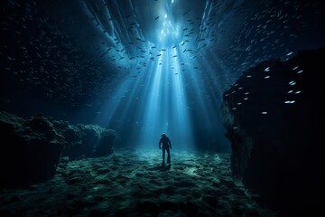 Diver's silhouette elegantly suspended, sunrays piercing the deep blue, creating a mesmerizing dance of light and shadow beneath the waves.