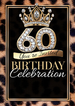 60th Gold Black Cheetah Print Birthday Party Invitation Template Design