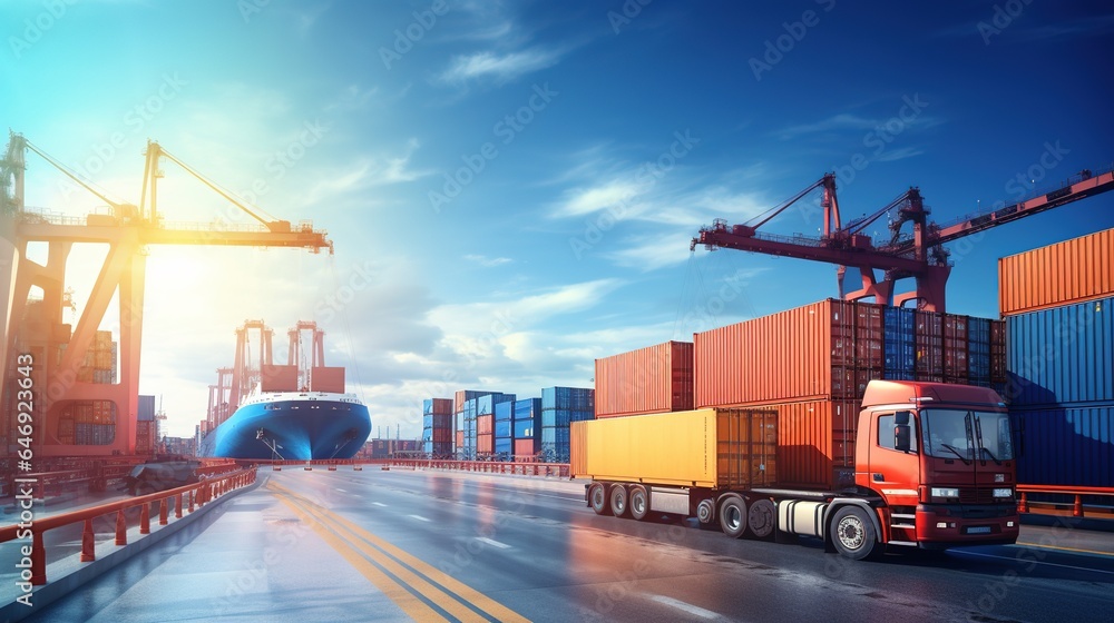 Poster Cargo ship at sunset in the harbor with cranes and containers