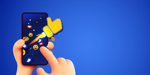 Cute cartoon hand holding mobile smartphone with Likes notification icons. Social media and marketing concept.
