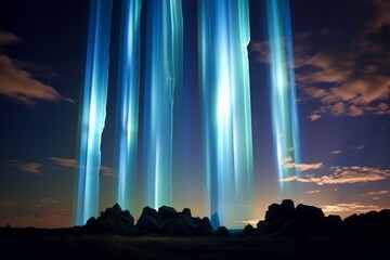 Spectacular light pillars paint the sky, a rare optical marvel, with vertical bands ascending and descending from a luminous source.