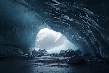 Ethereal blue ice caves, where the soft glow of sunlight filters through delicate cracks, unveiling a frozen, dreamlike sanctuary.