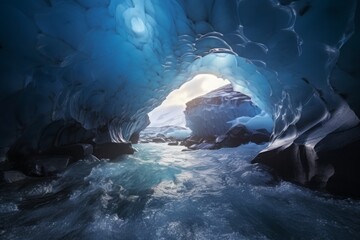 Ethereal blue ice caves, where the soft glow of sunlight filters through delicate cracks, unveiling a frozen, dreamlike sanctuary.