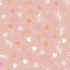 valentine love pattern, heart, leaves, soft, vector pink, orange