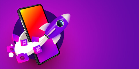 Smartphone with flying rocket and social media icons. Social media and marketing concept.