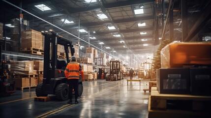 worker at forklift driver happy working in industry factory logistic ship. Man forklift driver in warehouse area. Forklift driver sitting in vehicle in warehouse. generative ai