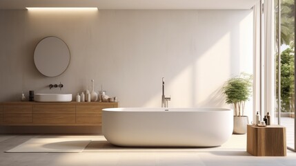 Fototapeta na wymiar Contemporary light colored interior with a ceramic tub.
