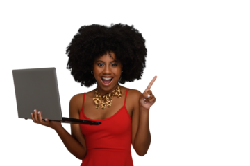 woman with a laptop smiling and pointing to the right side of the image, space for text, 
