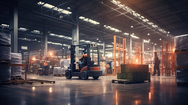 warehouse worker driver in uniform loading cardboard boxes by forklift stacker loader. generative ai