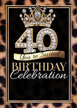 40th Gold Black Cheetah Print Birthday Party Invitation Template Design