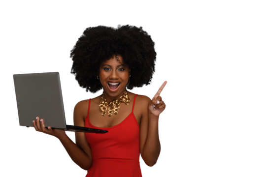 woman with a laptop smiling and pointing to the right side of the image, space for text, 
