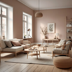 Scandinavian Living Room: A cozy blend of neutral colors, natural materials, and minimalistic furnishings creates a welcoming and airy atmosphere. AI Generated