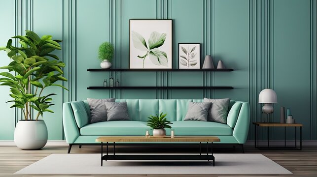Modern home decor featuring a stylish living room with a black mock up poster frame, mint sofa, coffee table, plants, and elegant accessories. The green wood paneling with shelf adds a touch of
