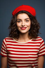 Obraz na płótnie Canvas Surprised young beautiful French woman in a striped T-shirt and beret
