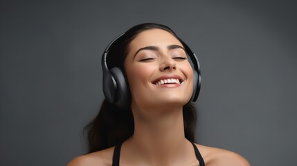 woman with a smile using headphones to listen to music on studio background
