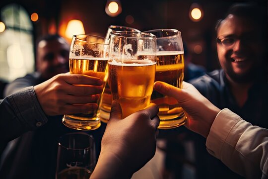 Beer party. A group of young people are having fun and drinking beer. Hands close up. Hands of people holding beer, celebrating, outdoors in a good mood.