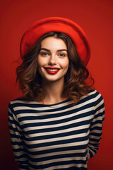 Surprised young beautiful French woman in a striped T-shirt and beret
