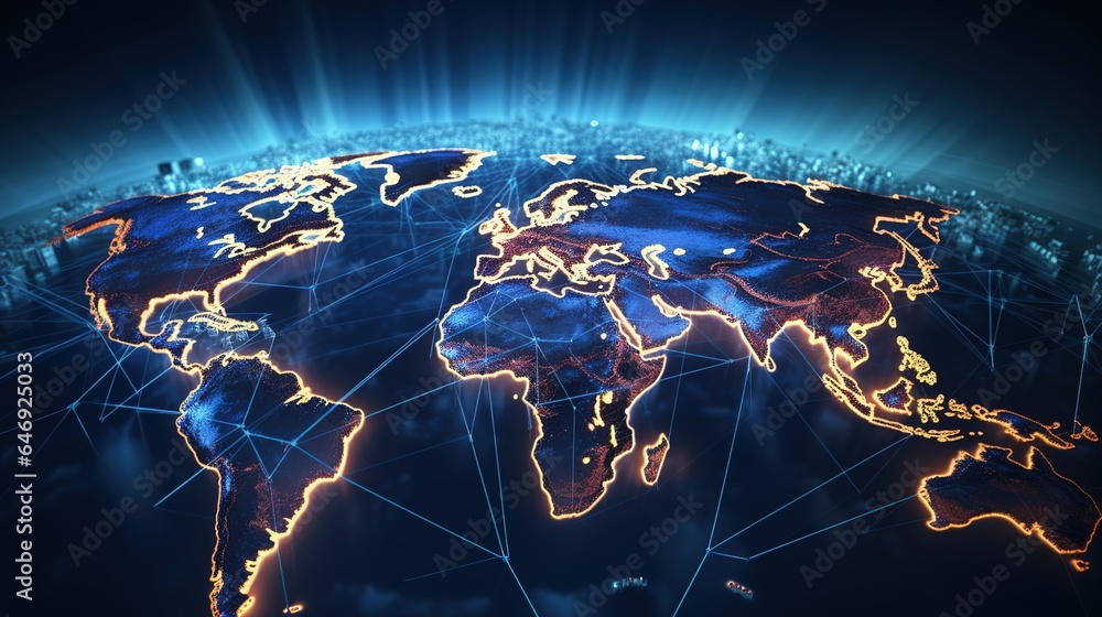 Poster planet earth from space. flickering lights of cities. map of the mainland. global communications sys