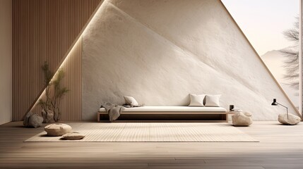 Modern showroom or hotel with luxury interior design, including a wooden floor living room, a white gravel zen garden, and an empty triangle pattern wall background, all rendered in 3D.