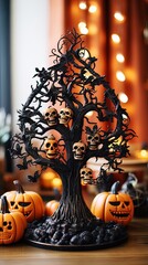 Halloween pumpkin on a grave. AI generated art illustration.