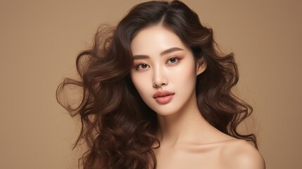 Face of beauty. Portrait of a woman with natural makeup and good skin. A beautiful Asian girl model touches her fresh, radiant, hydrated facial skin. generative ai