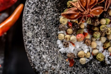 Top View 4K Image of Red Chilli, Red Pepper Flakes, and Sea Salt and pepper in Mortar and Pestle