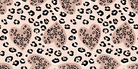 Leopard pattern and Heart. signs Seamless pattern Pink conceptual background Love, beauty, fashion. drawing silhouette of hearts and animal skin spots.