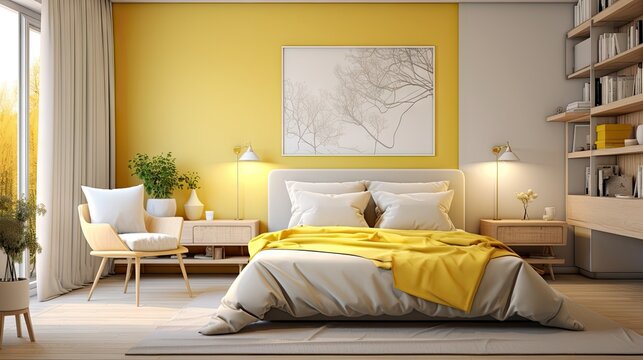 a yellow bedroom with Scandinavian design.