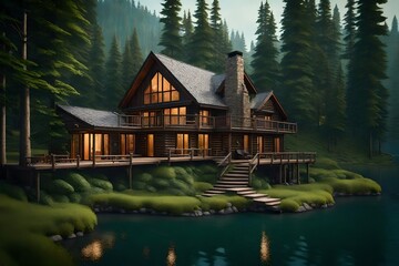 house on the lake in woods
