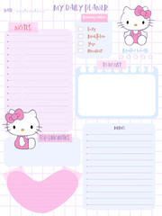Cute girls school timetable with kitty , blue, pink, white, magenta, cartoon character, empty to do list, weekly planer for kid's education, vector reminder ready for print vertical inspiration note